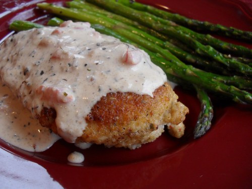 chicken in basil cream with breadless breading