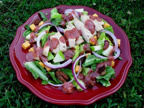 Romaine Salad with Chicken, Cheddar, Apples, Spiced Pecans and Cranberry Vinaigrette