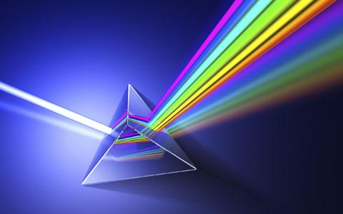 white light through a prism=colors of the rainbow